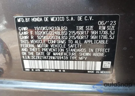 2024 Honda Hr-V 2Wd Ex-L/2Wd Ex-L W/O Bsi from USA, damaged, VIN 3CZRZ1H72RM709439